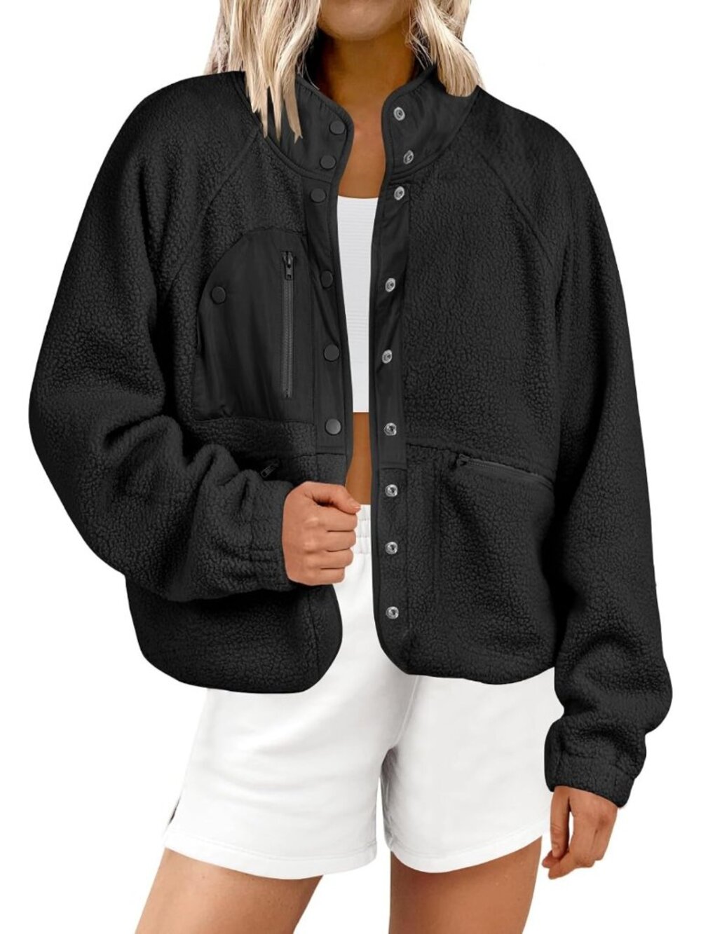Cozy Fuzzy Fleece Button Down Cropped Sherpa Jacket for Women - Winter Essential